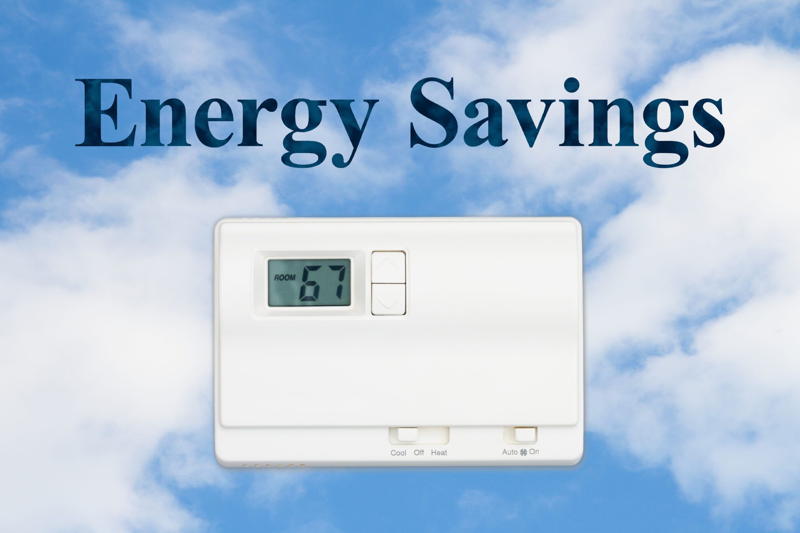 Energy or power savings concept with a home thermostat and sky