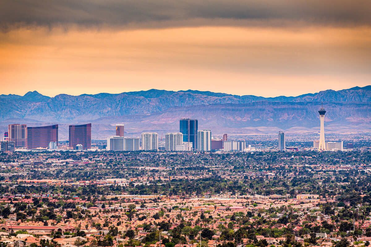 Las Vegas, Nevada, USA cityscape over neighborhoods at dusk.